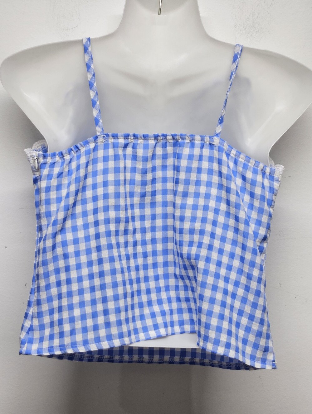 Y2K Blue Gingham Lace Trim Tie Strap Cami Top Rose Detail Size S Cottagecore - Picture 10 of 10